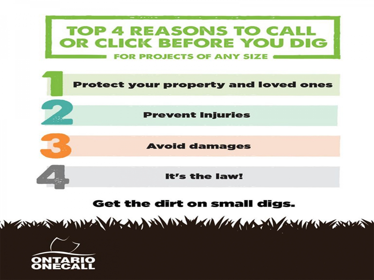 Top 4 reasons to call or click before you dig. 1 Protect your property and loved ones. 2 Prevent injuries. 3 Avoid damages. 4 It's the law.